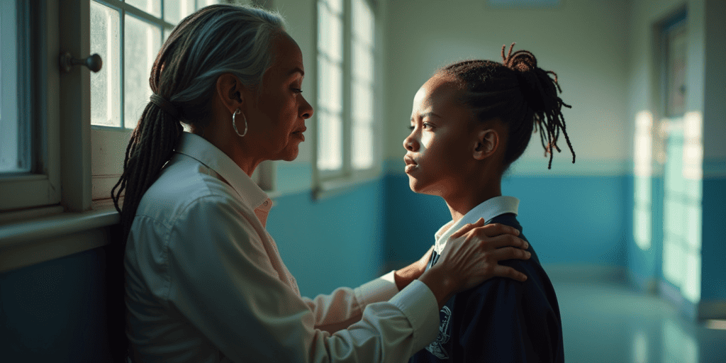 A mother and daughter facing each other, the mother's hand on her child's shoulder.