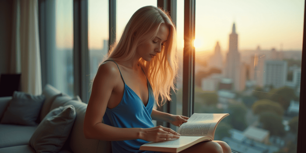 A woman flipping through a book while sitting by the window of her home.