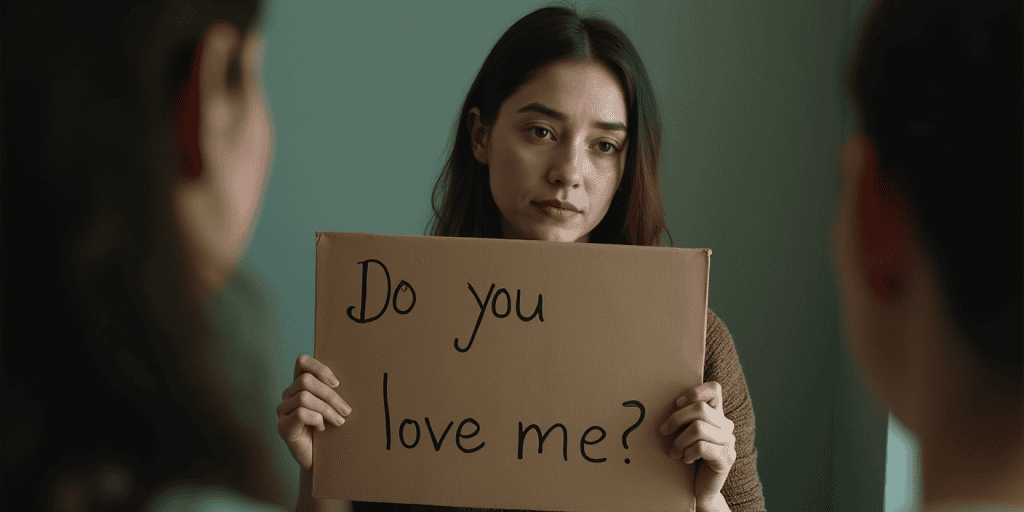 A sad woman holding up a sign that says “Do you love me?”