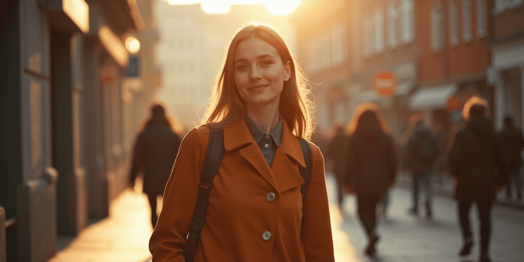 A woman standing in a cityscape with a soft golden hour lighting.