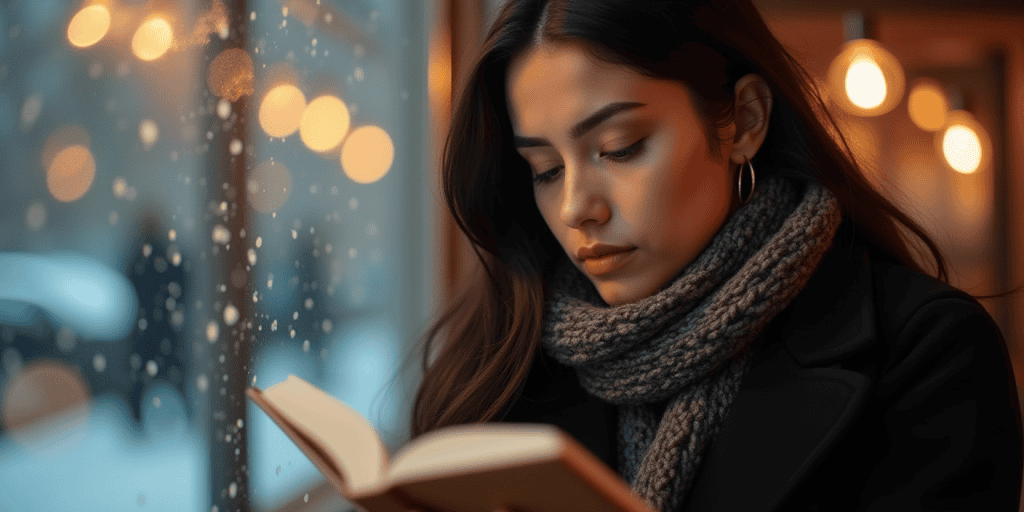 A woman reading a book while sitting by the window of a coffee shop.