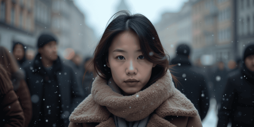 A woman in a crowd wearing a wool trench coat while snow is falling.