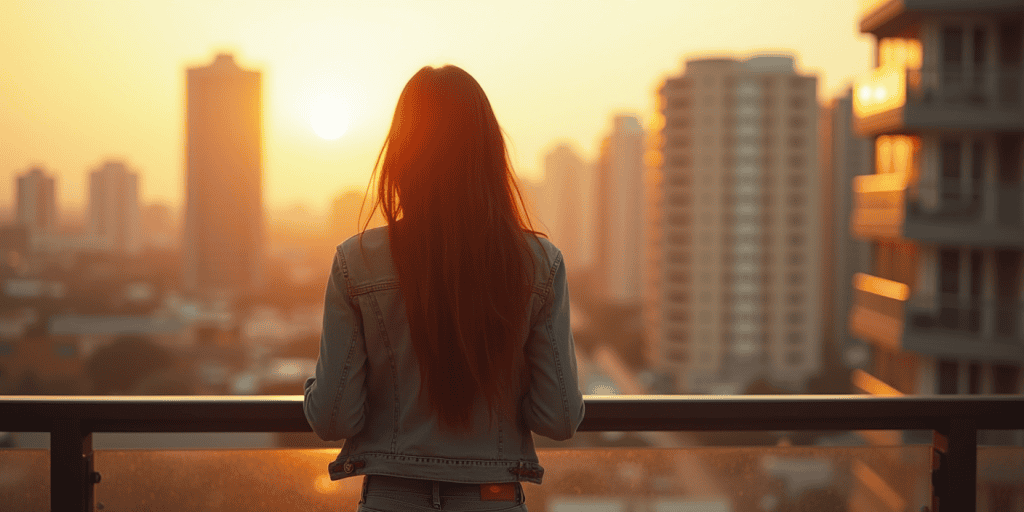 A woman in a balcony, looking at the city view.