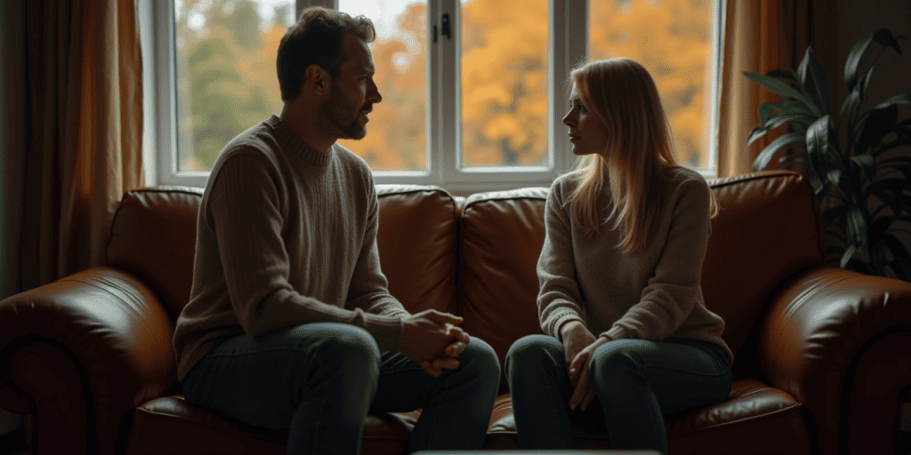 A man and a woman sitting on a brown couch, facing each other in conversation.