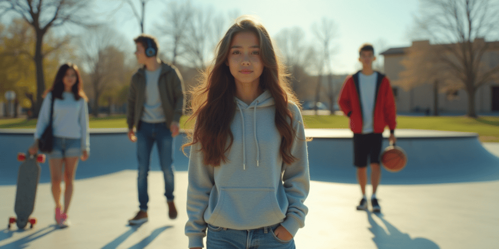 A woman standing in a park while her friends are far behind.