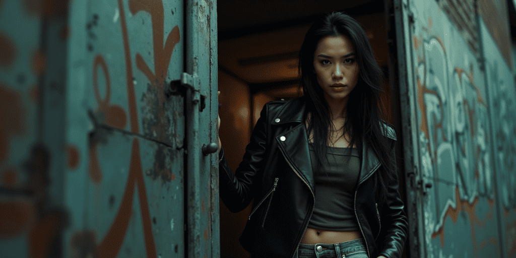 An unapologetic-looking woman wearing a leather jacket, standing confidently in a graffiti-covered alleyway.