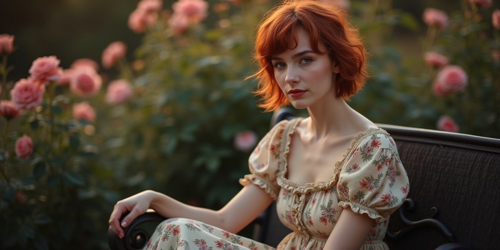 A young woman with short red hair and floral dress sitting at a bench in a park.