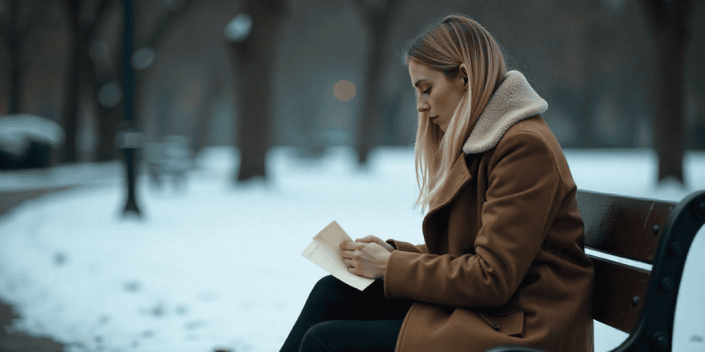 A woman wearing a brown coat sitting on a bench.