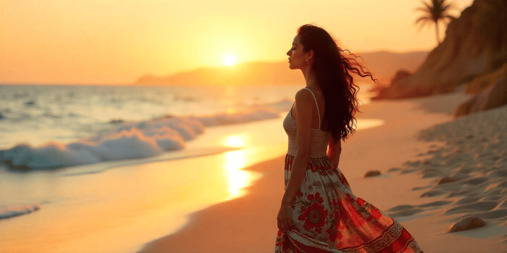 A woman with long black curly hair by the beach.