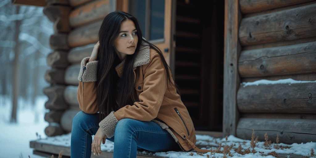 A woman sitting outside a lodge.