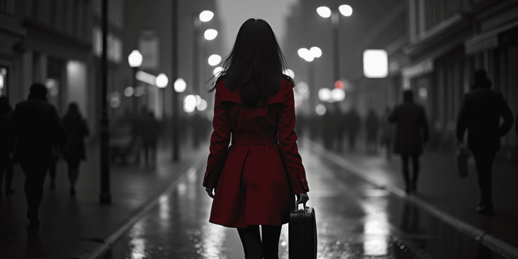 A woman walking away down a city street carrying a small suitcase in hand.