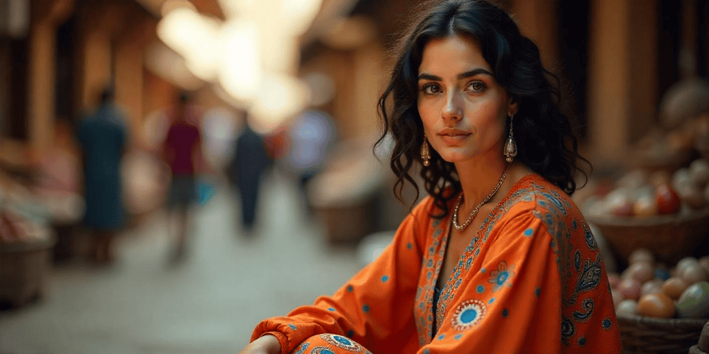 A woman with curly hair and orange dress, looking at the camera.