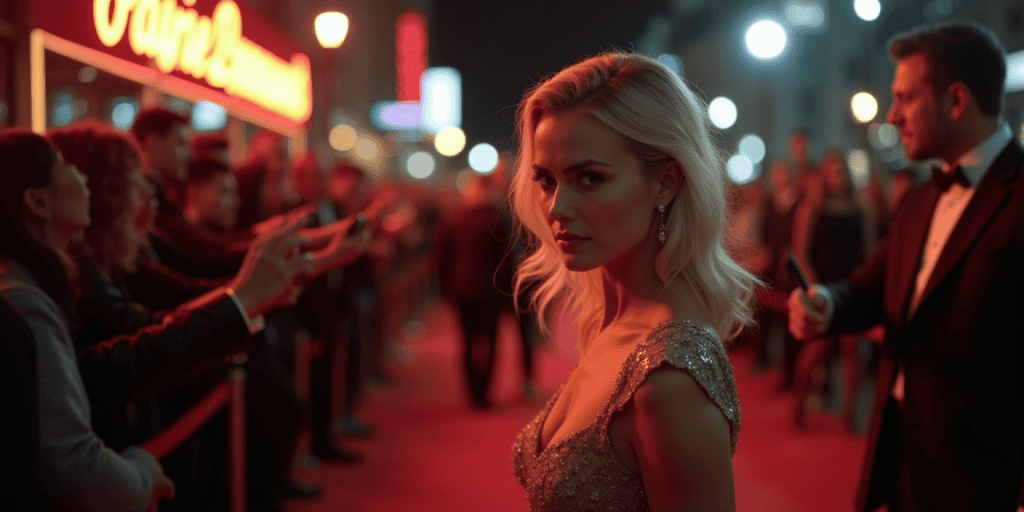 A blonde woman in a glamorous dress and red carpet, looking over her shoulder with a serious expression.