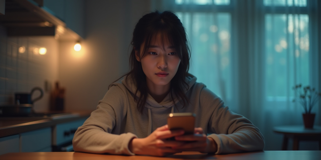 A woman in a gray sweatshirt, looking at her phone while sitting in the kitchen.