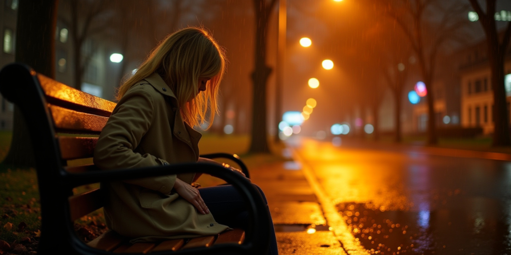 A woman sitting alone on a bench in an empty street.