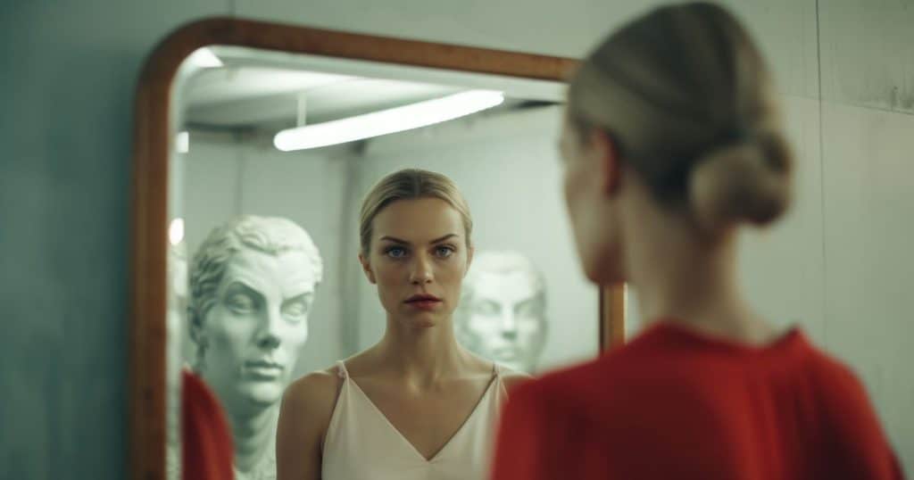 woman in red dress looking into a mirror.