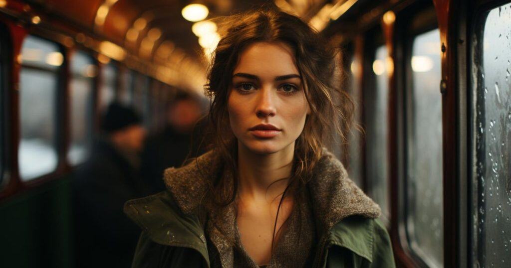 Woman in a train during raining day.