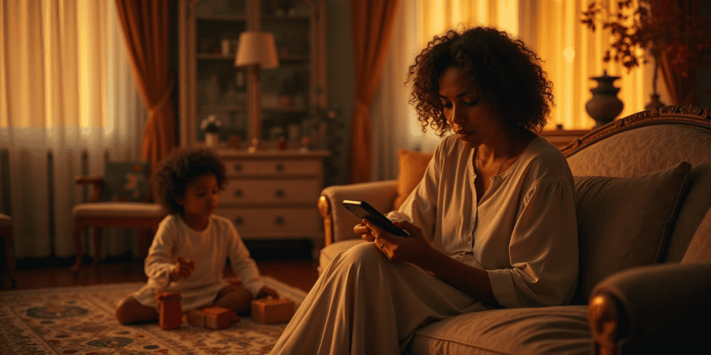 A mother reads a tense message alone in her living room while her child plays nearby, holding herself steady as her narcissistic sister is trying to make her look bad for speaking the truth.