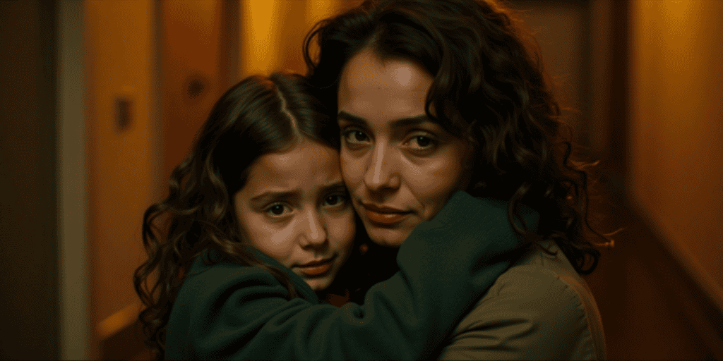 A daughter hugs her mother tightly in a hallway, her vacant stare revealing the deep cost of emotional guilt and manipulation from her narcissistic father.
