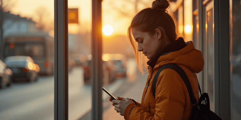 A woman at a bus stop stares at her phone, overwhelmed by notifications, mirroring the chaos narcissists stir up when they sense theyโre losing control.