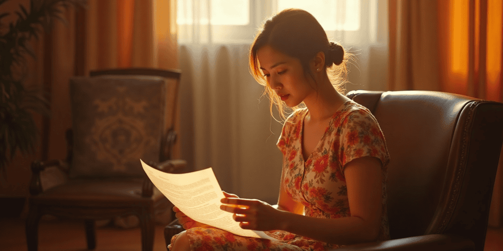 A younger mother clutches legal papers in a quiet office, her face tense with fear as she faces the threat of losing her kid to narcissistic husband after standing up to him.
