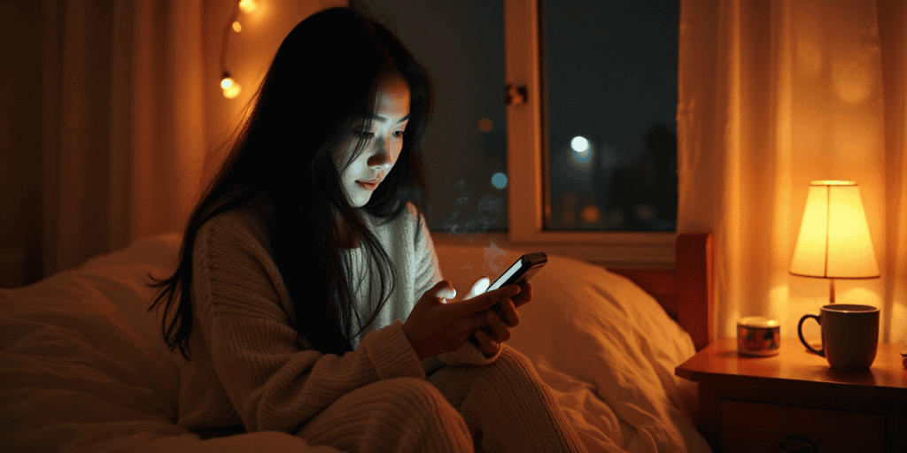 A woman sits on the edge of her bed, staring at her phone with unread messages, frozen in the silence that narcissists mistake for danger and defiance.
