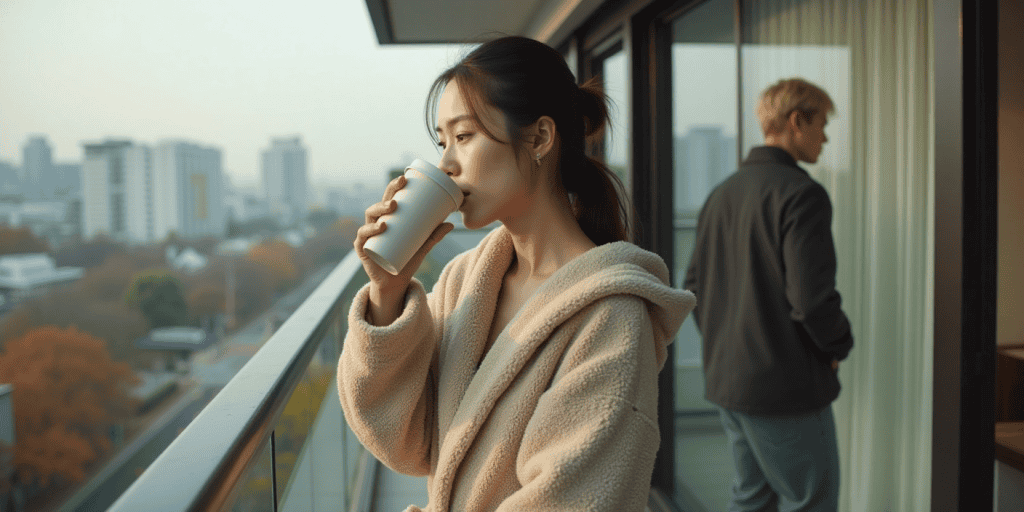 a woman drinking her coffee feeling relax as she realizes what make her narcissistic partner paranoid.