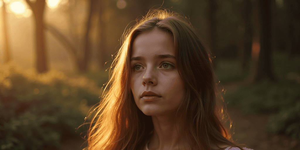 A teenage girl stands alone in the woods at golden hour, her eyes filled with quiet sadness and strength, symbolizing how narcissistic abuse often begins subtly, long before we recognize it as abuse.