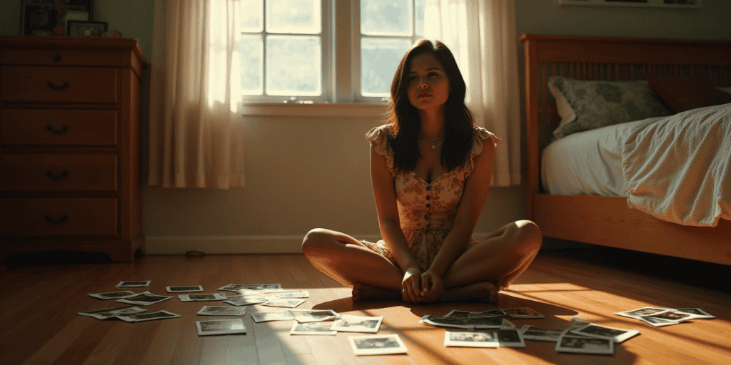 A young woman sits on the floor of her childhood bedroom surrounded by old photos, caught between memory and the painful realization that she will never be loved by her narcissistic mother.