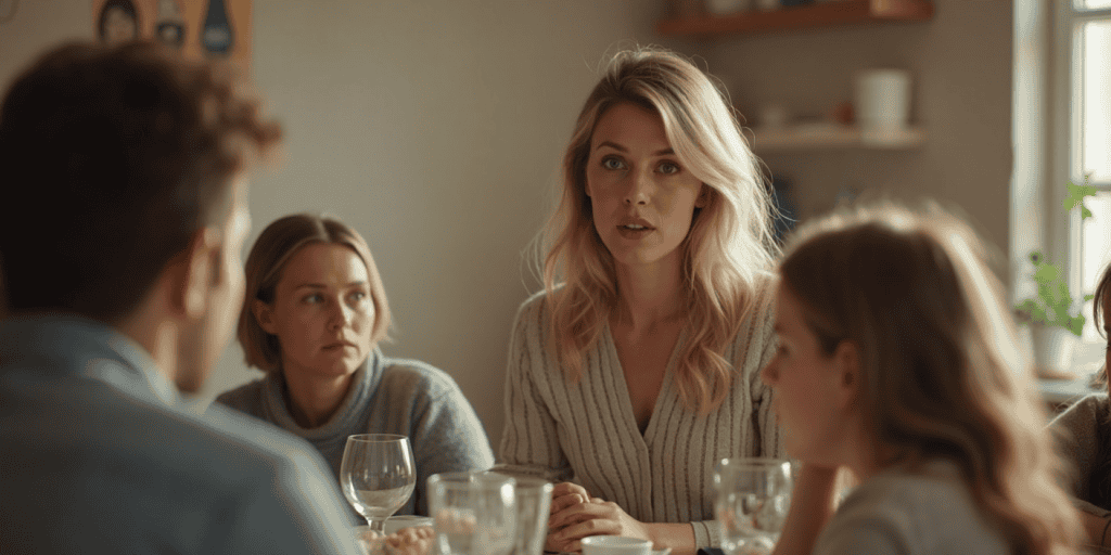 A woman sits at a family gathering, visibly unsettled while others talk around her, capturing how narcissists fear being seen more than being left out.