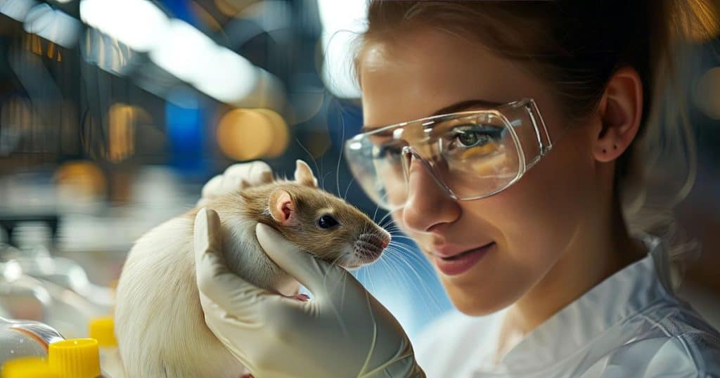 a woman wearing a white lab dress holding a rat in a medical centre smiling as she's performing a test similar to what narcissist uses to keep their victim traps.