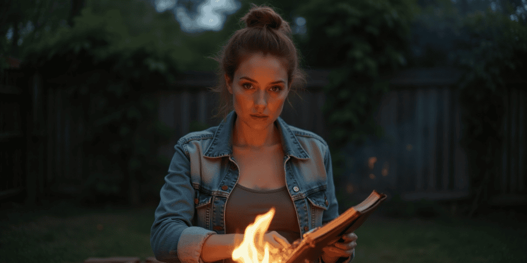 a woman standing at the back of her house holding a stick lit with fire looking determine as she just cut off her narcissistic family from controlling her life.