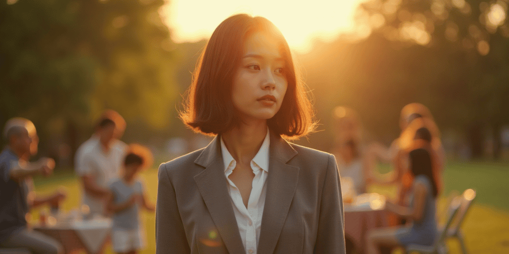 a woman in short hair in a blazer walking away from a family dinner feeling frustrated with their fake apologies.