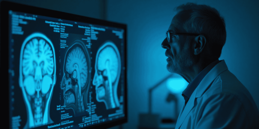 a scientist in his white robe reviewing different brain scans from narcissists in a dark lab room with blue light.