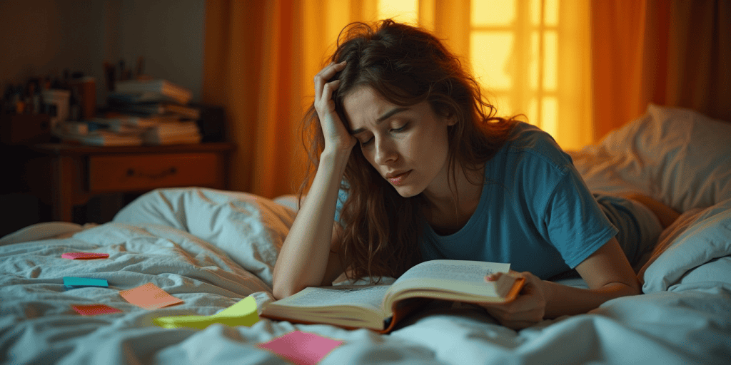 a woman in t-shirt lying in bed trying to read looking confused experiencing brain fog from narcissistic abuse.