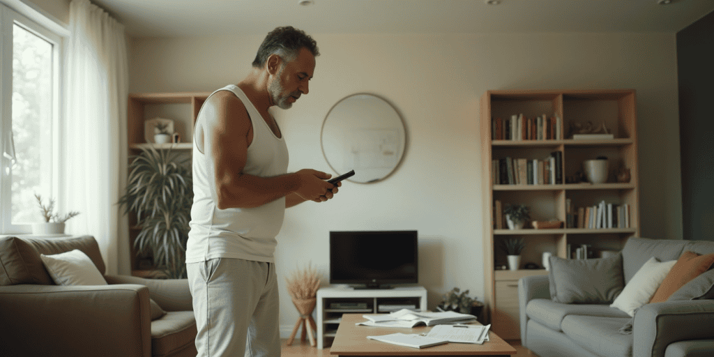 A narcissistic man paces and clutches his phone in frustration after losing control, desperate for the reaction he can no longer get.