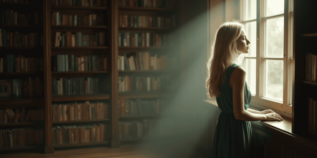 A young woman stands quietly by a window, blocking out loud family arguments behind her, symbolizing how survivors choose quiet strength over emotional battles.