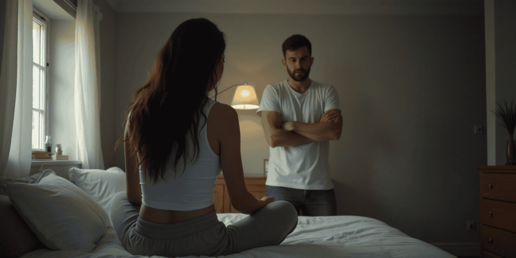 A woman sits on the edge of a bed facing a cold, distant partner stood with his arms crossed looking serious who uses silence and control instead of love.
