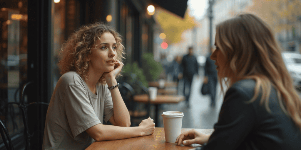 A woman sits cautiously across from her toxic sister at a cafรฉ, sensing the empathy her sister is showing her is more performance than care.
