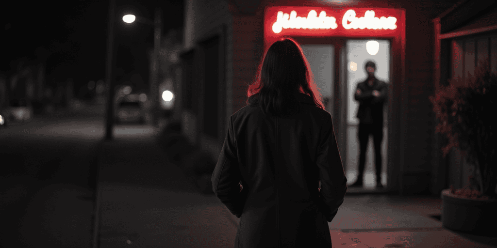 A woman stands alone outside a building at night while her toxic brother watches her coldly from a doorway, refusing to take responsibility.