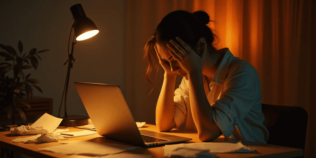 A woman wearing a whirt shirt in her home office sitting under a dim lamp, head in hands, rewriting the same email again and again, terrified of saying the wrong thing, a result of chronic gaslighting.
