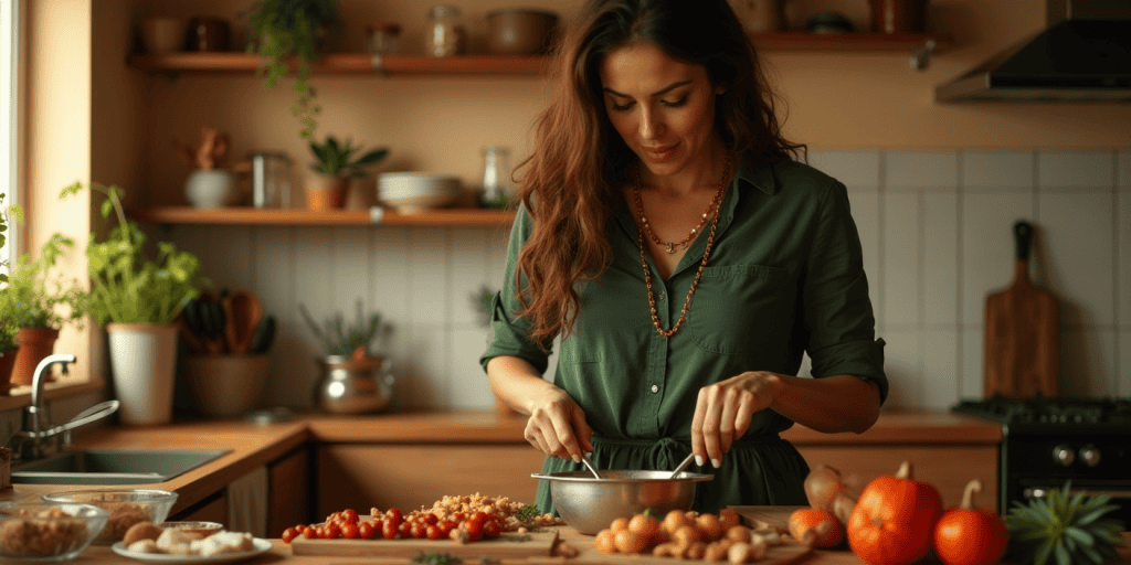 A woman cooks peacefully in her kitchen, learning to enjoy her own company after years of feeling invisible around her narcissist partner.