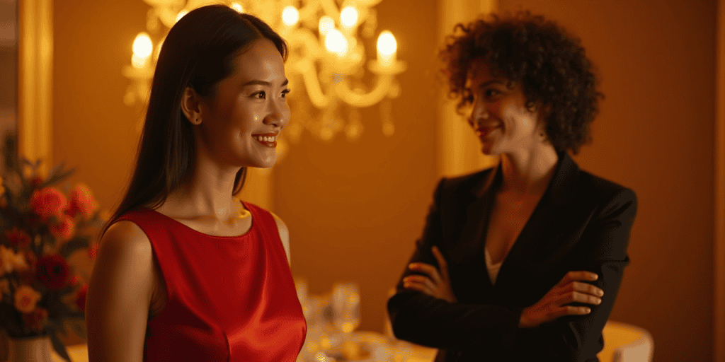 A woman in a red dress confidently smiling while a narcissist watches her, unaware that her self-assurance quietly dismantles the narcissist's need for control.