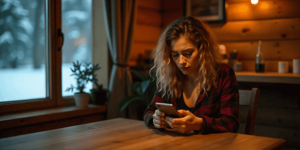 Alone and tense in a dim room, a woman nervously texts, afraid that speaking out might escalate her narcissistic familyโs anger.