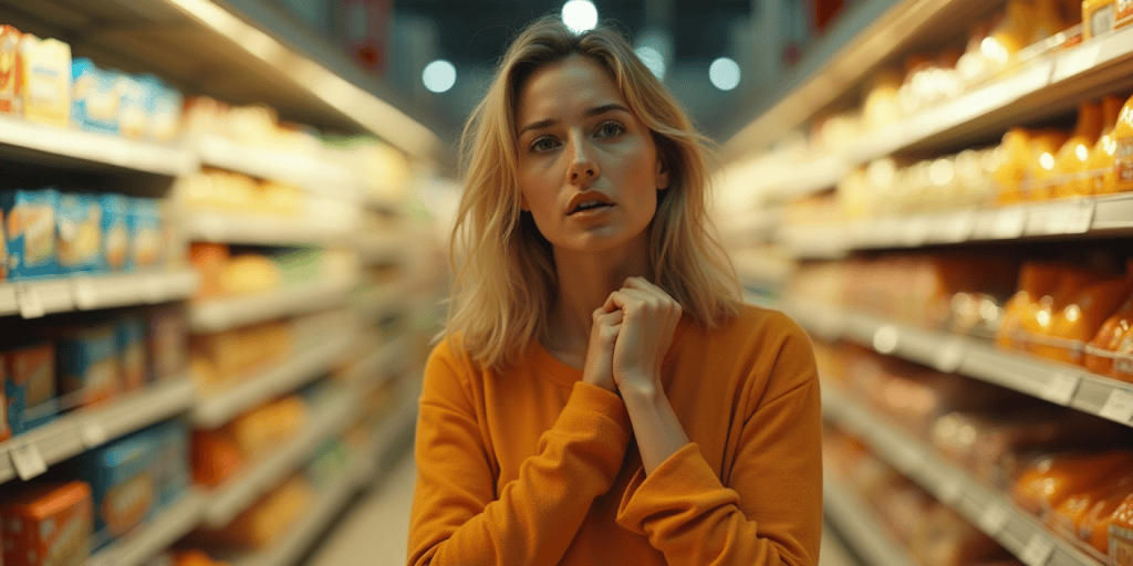A woman stands alone feeling overwhelmed in a grocery aisle, frozen by anxiety and unable to make a simple decision, a mental fog created by years of emotional abuse.