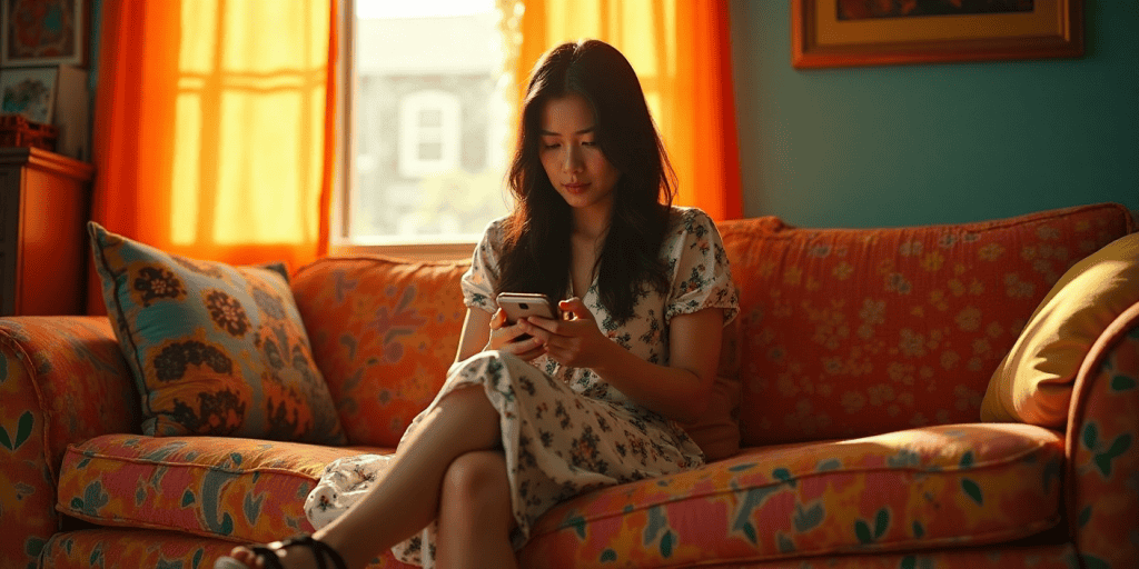 A woman wearing a flowery dress looking confused while reading texts on her phone, struggling to remember plans she made a week ago with her friends, a trauma response that feels like memory loss.