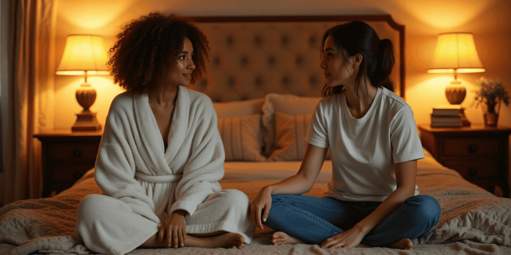 A woman sits with a friend late at night on the bed in her room opening up about the pain caused by her narcissistic parents and why she needs to cut them off.