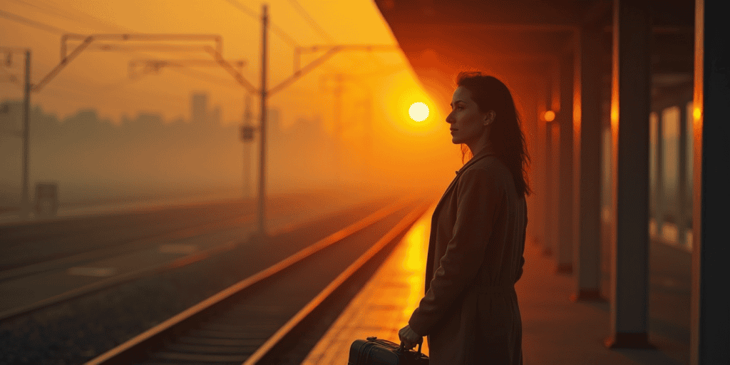 a woman standing at the train station in the evening feeling alone after walking away from her narcissistic family.