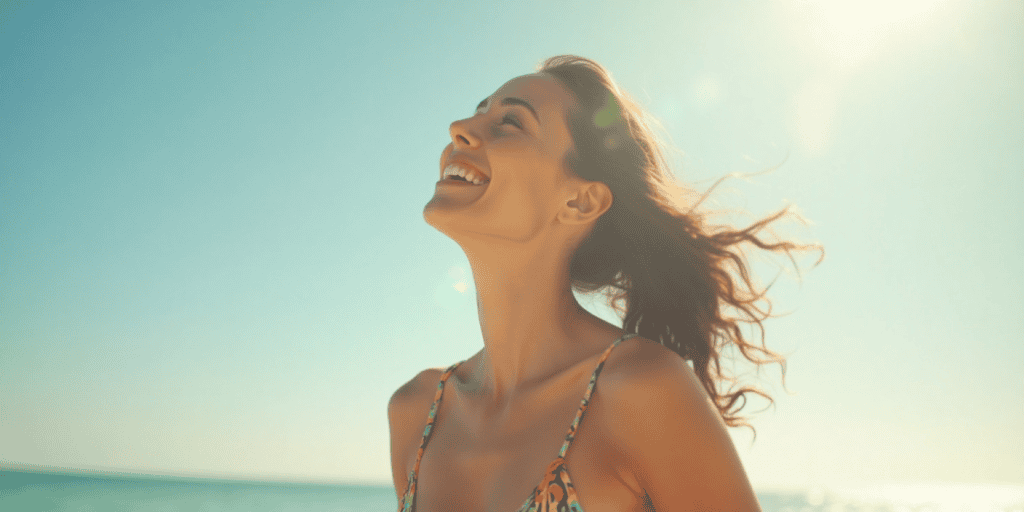 a woman smiling in a flowly dress at a sunny beach feeling amazing after rebuilding her confidence after narcissistic abuse.