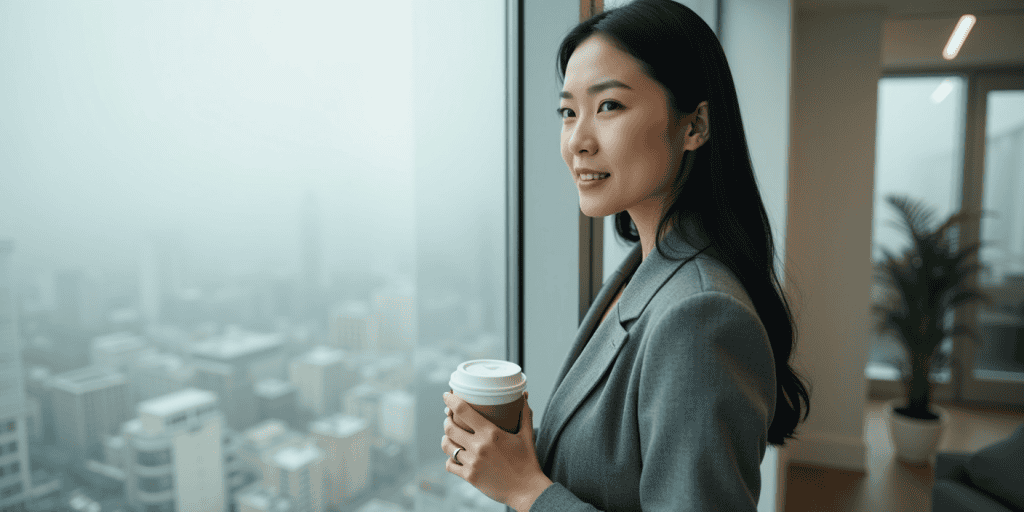 In soft morning light, a woman stands calmly with coffee in hand, her peaceful expression reflecting genuine inner healing and acceptance of her decision of cutting ties from her narcissistic parents.
